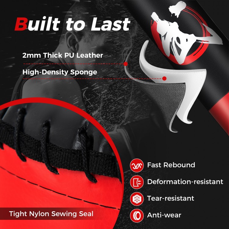 Freestanding punching bag with 2mm thick PU leather, shock absorbers, and 12 suction cups for stable training.