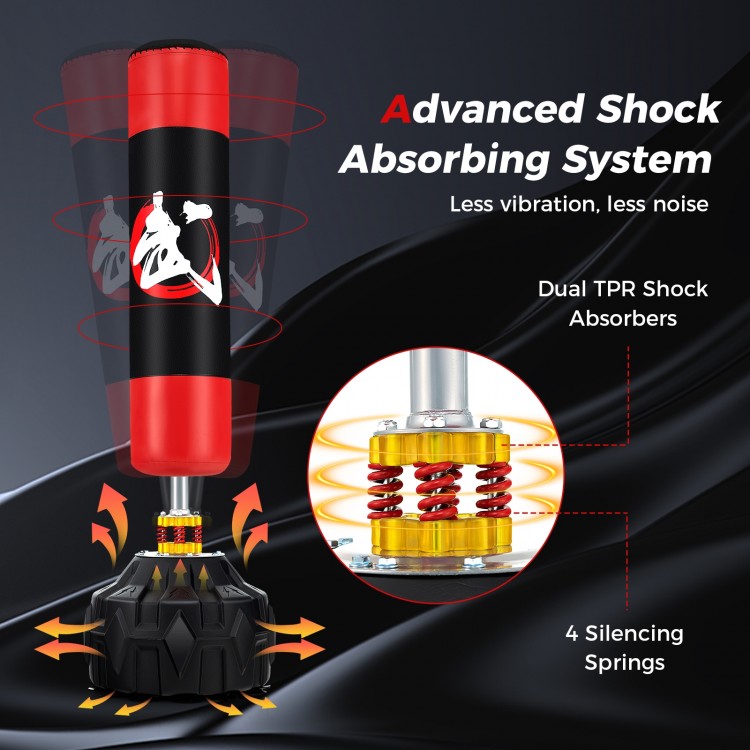 Freestanding punching bag with shock absorbers and 12 suction cups for stable, quiet training at home.