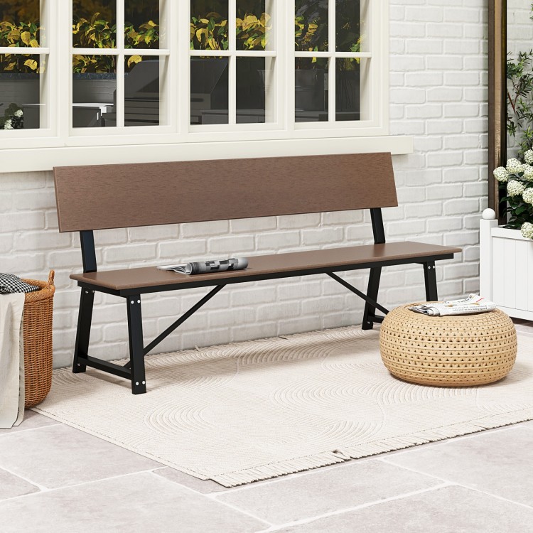 72-inch extra long brown bench with HDPE seat and back, perfect for outdoor gardens and porches, supporting up to 1100.
