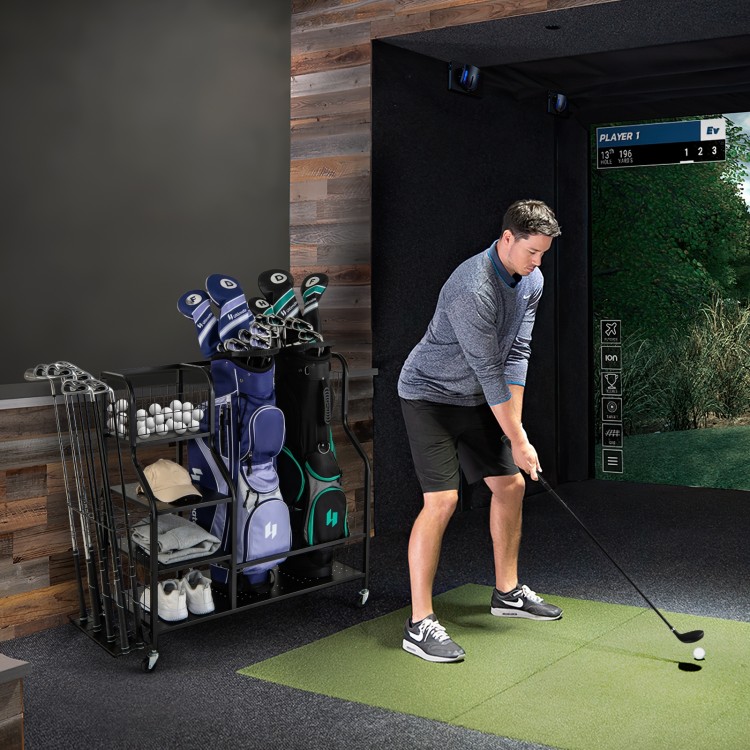 Golf bag organizer for 2 bags with club rack, featuring lockable wheels and sturdy metal frame for indoor/outdoor use.