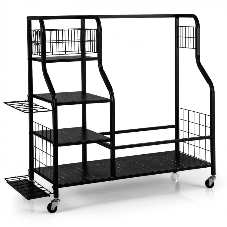 Golf bag organizer in black with double bag stand, three shelves, and lockable wheels for easy mobility indoors and.