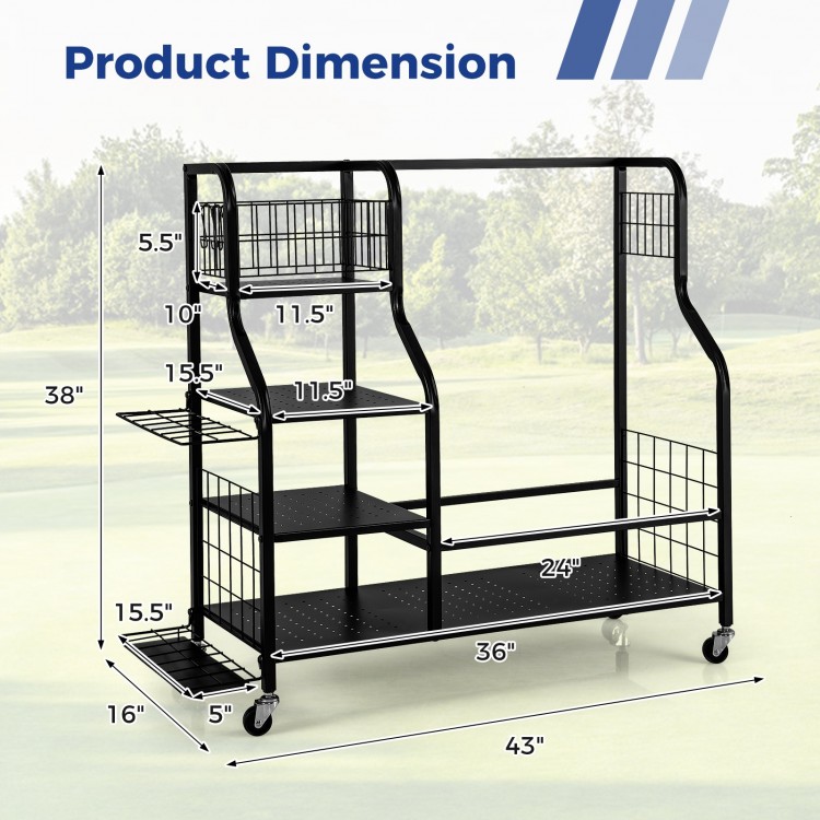 Golf bag organizer with dimensions, featuring shelves, hooks, and lockable wheels for easy storage and access.