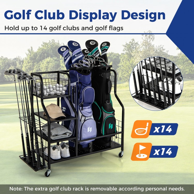 Golf bag organizer with double bag stand, shelves, and removable hooks, designed for 2 bags and 14 golf clubs.