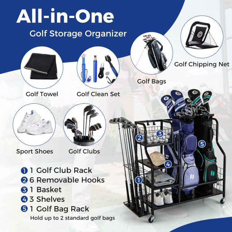 Golf bag organizer in black with rack for 2 bags, 6 hooks, and 3 shelves, ideal for indoor and outdoor use.