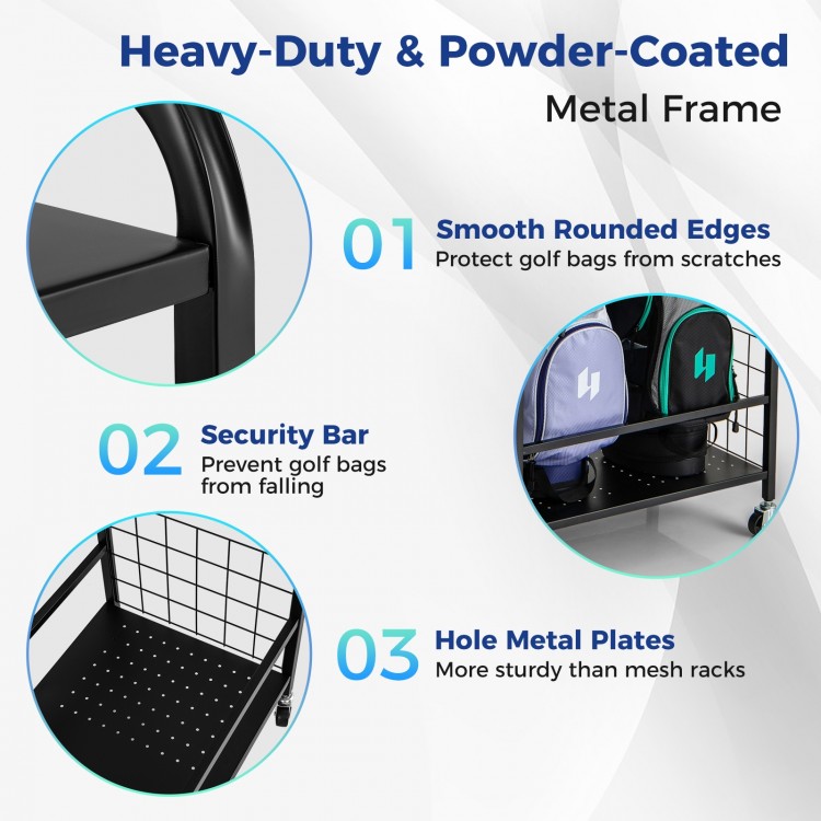 Golf bag organizer with heavy-duty metal frame, featuring smooth edges, security bar, and lockable wheels for easy.
