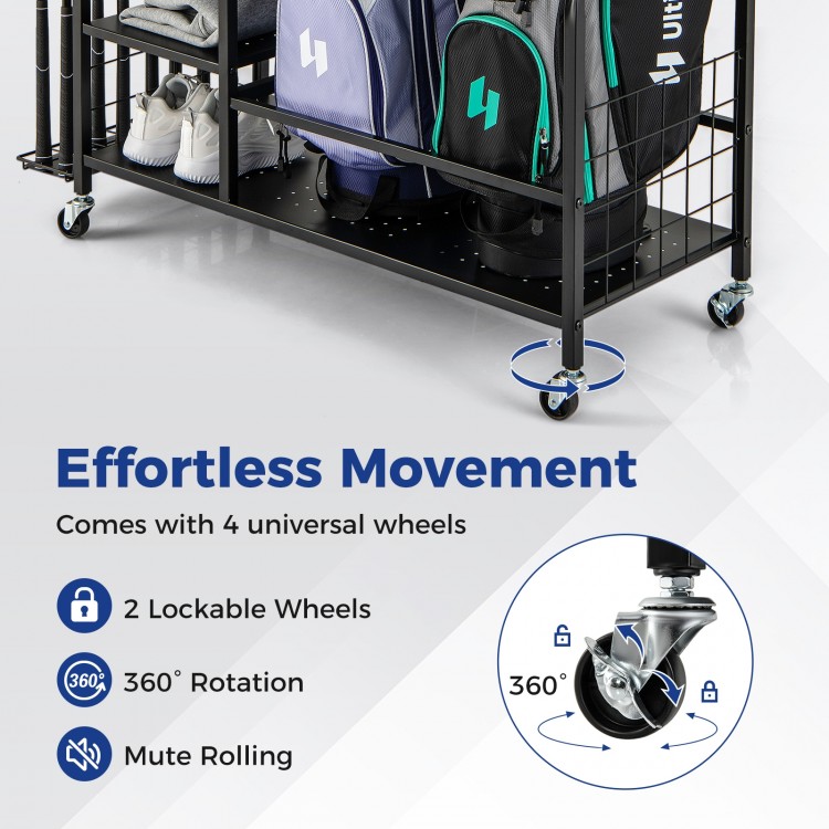 Golf bag organizer with lockable wheels, featuring a sturdy metal frame and multiple shelves for easy storage.