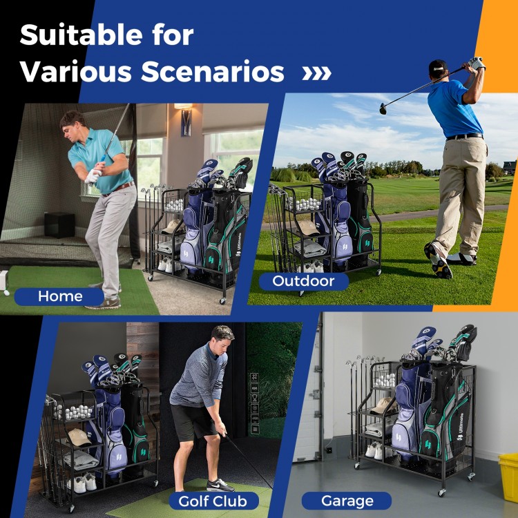Golf bag organizer for 2 bags with shelves and lockable wheels, ideal for home, garage, or outdoor golf club use.