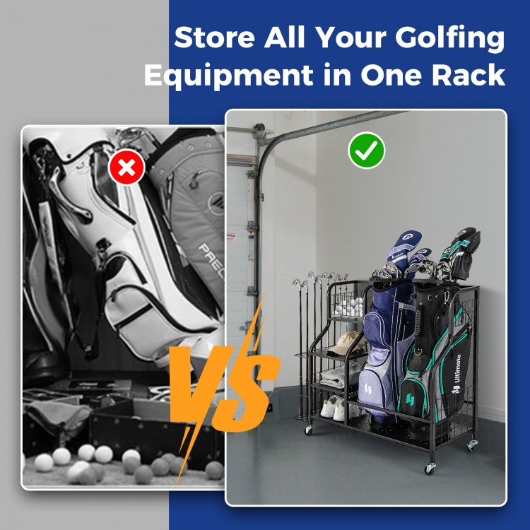Golf bag organizer with space for 2 bags, shelves, and lockable wheels, ideal for indoor and outdoor use.
