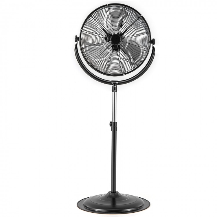 20-inch high-velocity pedestal fan in black with adjustable height, 3 speeds, and stable metal base for efficient.
