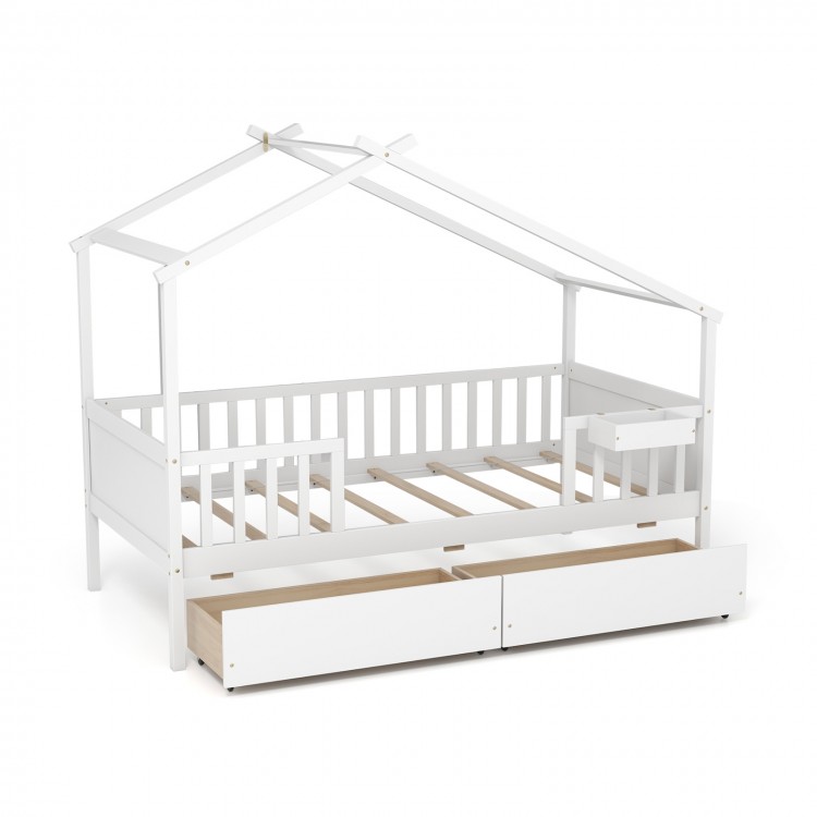 Twin house bed in white with a charming roof design and protective fence, perfect for safe and imaginative playtime.