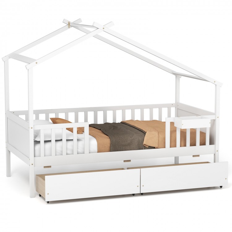 Twin house bed in white with roof, fence rails, and two storage drawers for organized children's rooms.