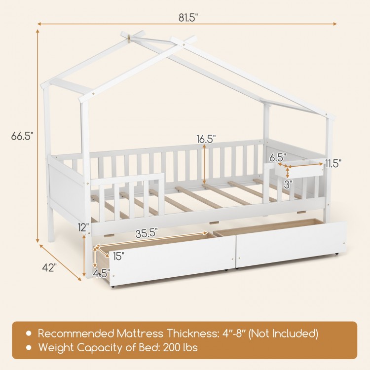 Side view of the Twin House Bed in white showcasing the whimsical roof design and spacious under-bed storage drawers.