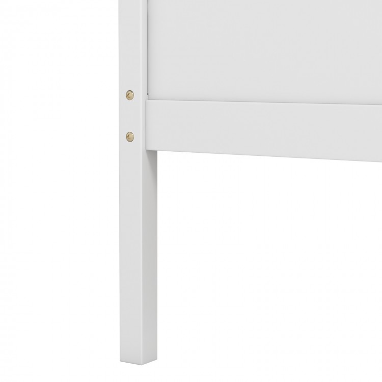 Close-up of the white headboard of the Twin House Bed with protective fence and sturdy wood support for safety.