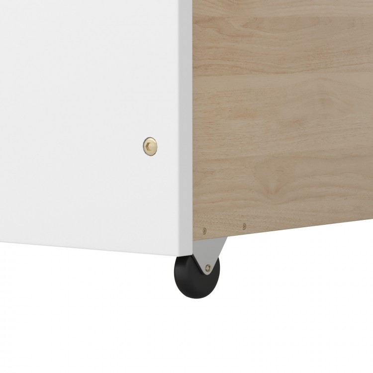 Close-up of the Twin House Bed's smooth rolling casters, featuring a white finish and natural wood accents for easy.