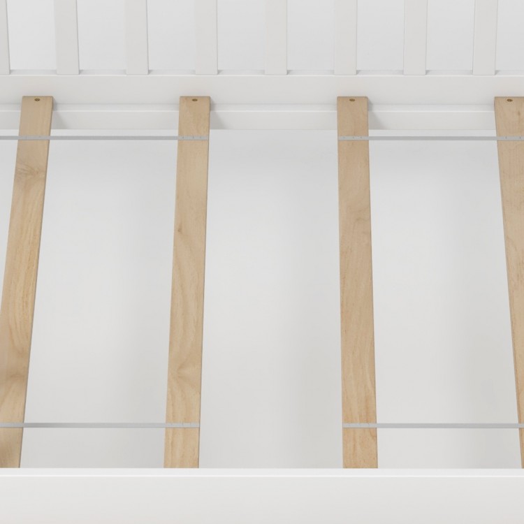 Sturdy plywood slats of the Twin House Bed with 2 storage drawers in white, designed for reliable support and safety.