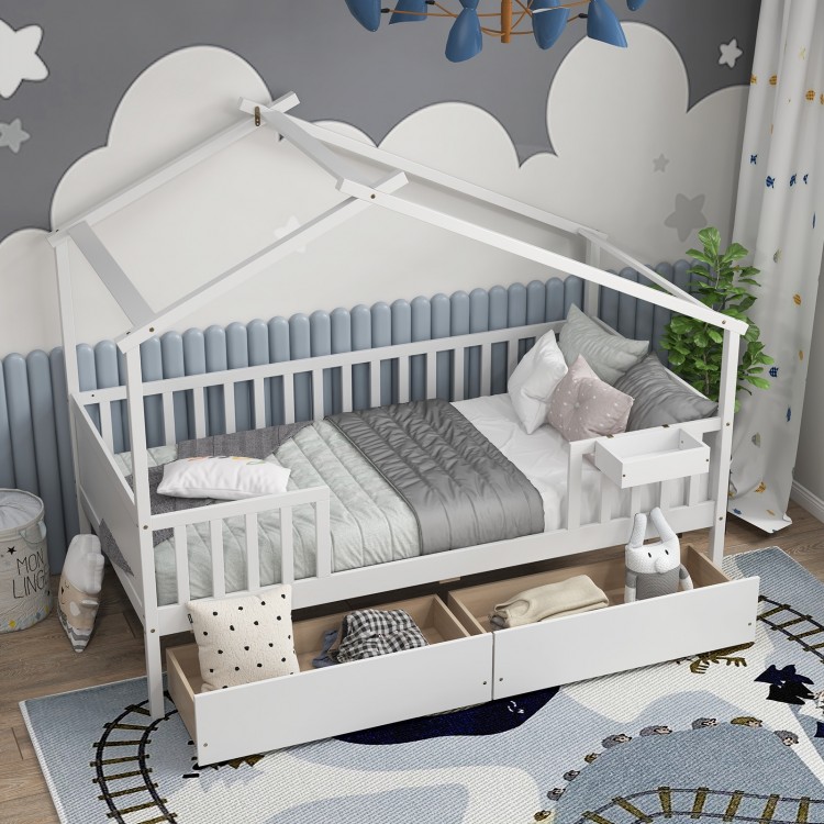 Twin House Bed in white with a charming roof design, featuring a cozy bedding setup and decorative pillows for a themed.