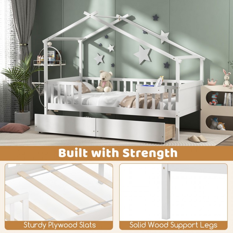 Twin house bed in white with roof and fence rails, featuring 2 storage drawers for organized bedroom space.