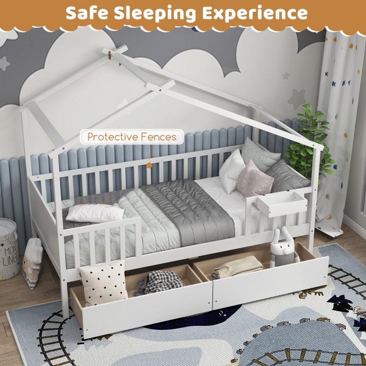 Twin House Bed in white with protective fence rails, showcasing DIY design elements like ribbons and curtains for.