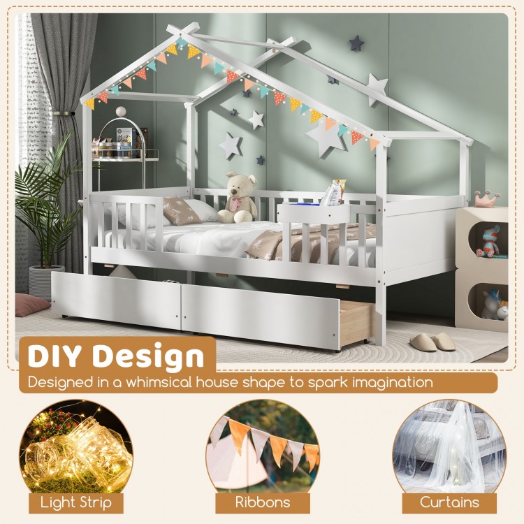 Twin house bed in white with roof and fence rails, featuring storage drawers and DIY design for imaginative bedrooms.