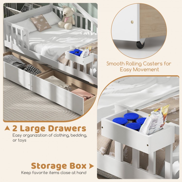 Twin house bed with two large storage drawers and smooth rolling casters for easy organization and movement.