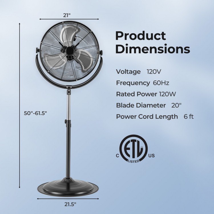 20-inch high velocity pedestal fan with adjustable height, 3 speeds, and stable metal base for efficient cooling.