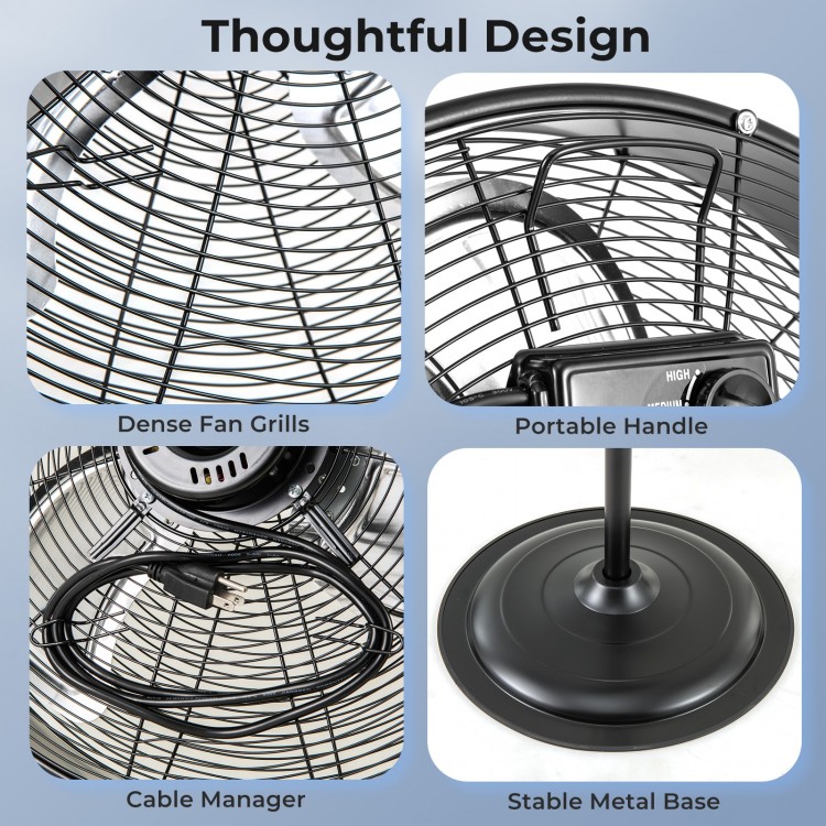 Close-up of the 20-inch high-velocity pedestal fan showcasing dense grills, portable handle, and stable metal base.