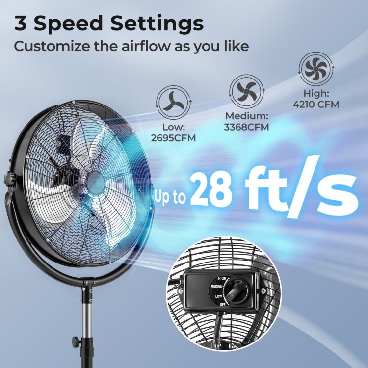 20-inch high-velocity pedestal fan with 3 speeds, adjustable height, and powerful airflow for efficient cooling.