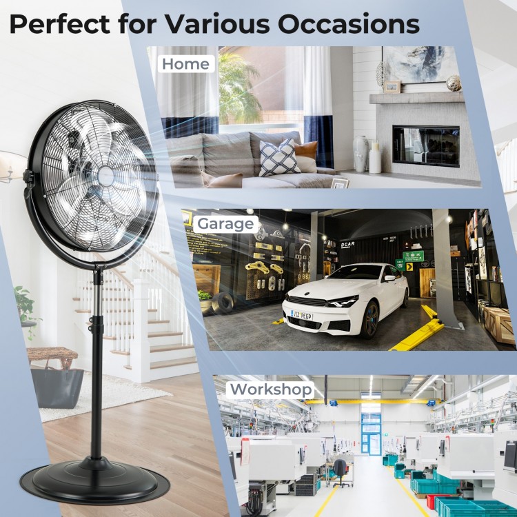 20-inch high-velocity pedestal fan in black with adjustable height and 3 speeds, ideal for home, garage, or workshop.
