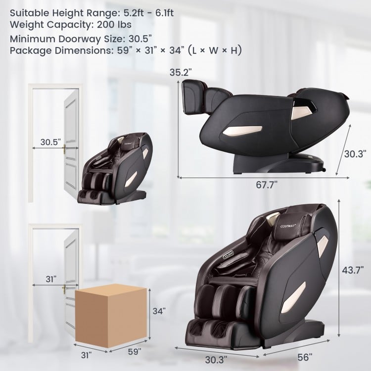 Full body zero gravity shiatsu massage chair in coffee color, showcasing dimensions and features for optimal relaxation.