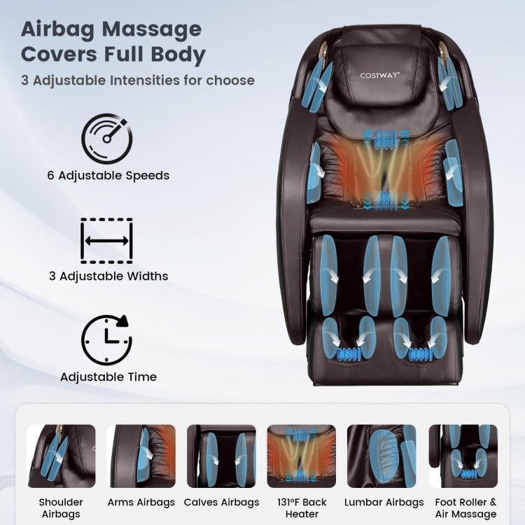Full body zero gravity shiatsu massage chair in coffee color with adjustable airbag settings for personalized.