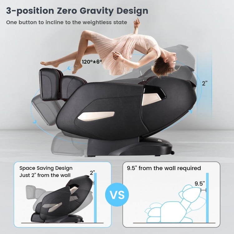 Full body zero gravity shiatsu massage chair in coffee color, showcasing 3-position design and space-saving feature.