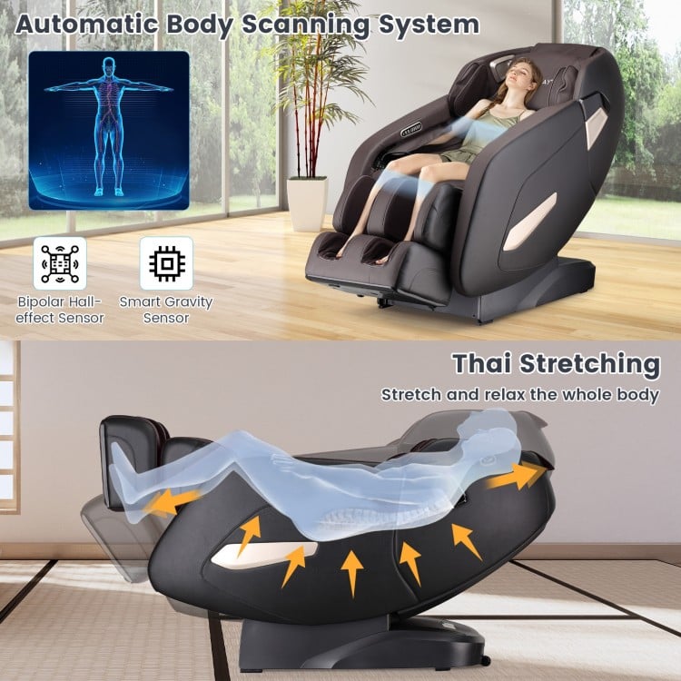 Full body zero gravity shiatsu massage chair with automatic body scanning and Thai stretching features for ultimate.