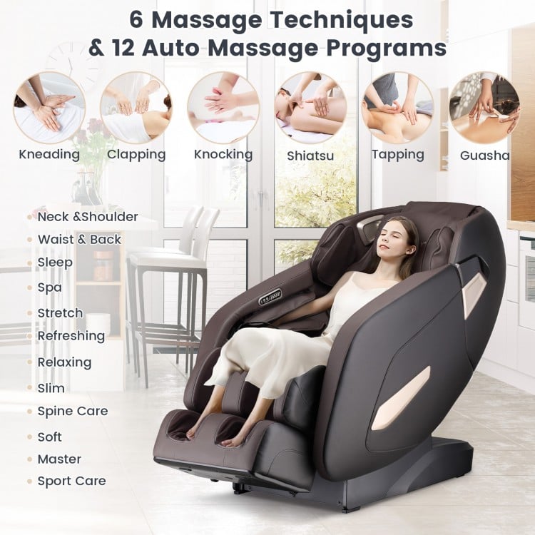 Full body zero gravity shiatsu massage chair in coffee color, showcasing 6 massage techniques for ultimate relaxation.