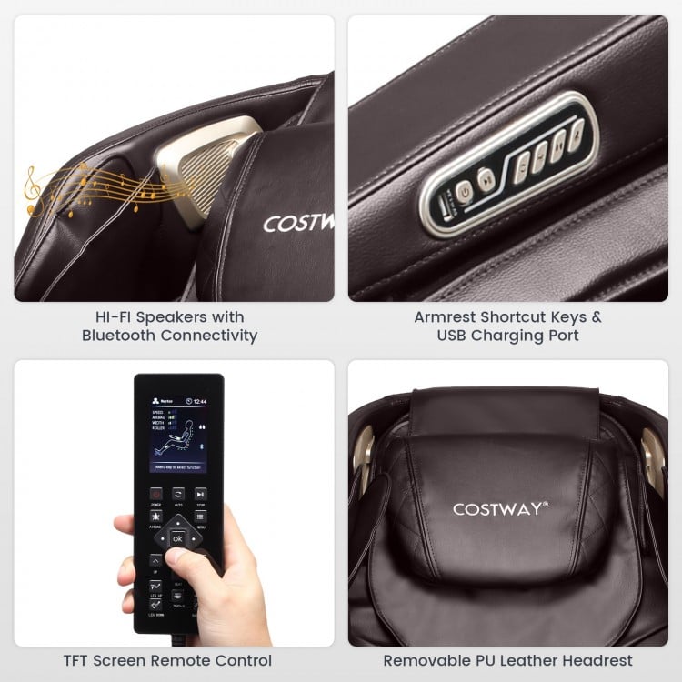 Close-up of the Relaxation 02 massage chair's armrest with Bluetooth controls and USB port for convenient use.