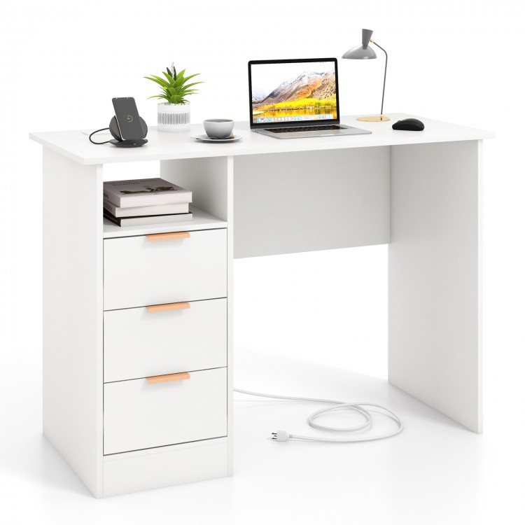 Home office desk in white with an open shelf and power outlet, ideal for organizing books and chargers efficiently.