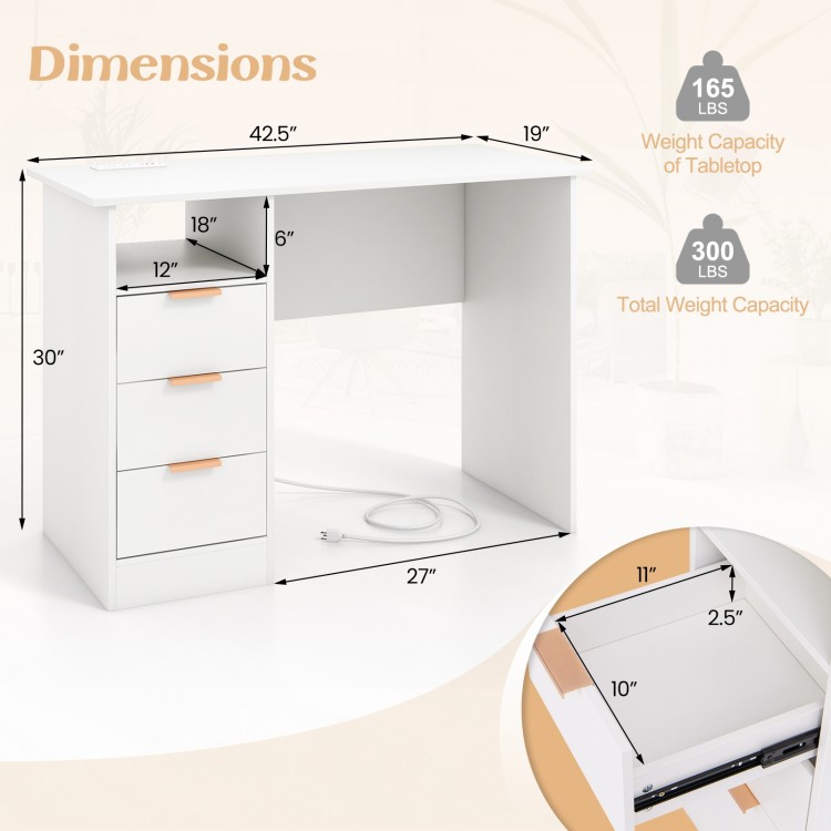 Home office desk dimensions highlighting the 42.5" tabletop, 3 drawers, and open compartment for versatile storage.