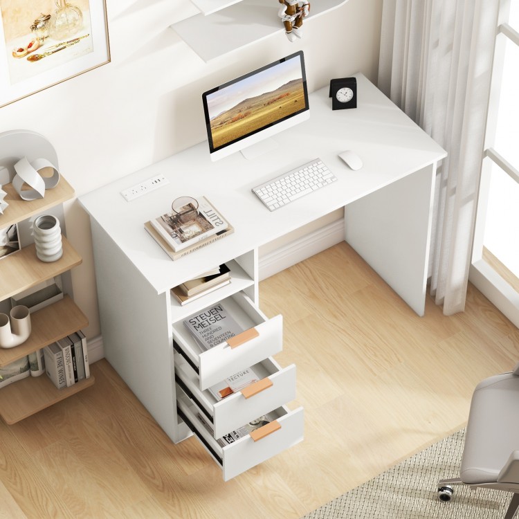 Home office desk in white with three storage drawers and an open shelf, providing stylish organization for office.