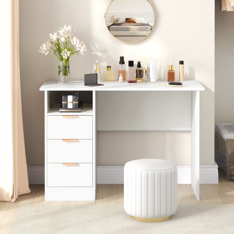 Home office desk in white with an open compartment and power outlet, perfect for organizing workspace essentials.