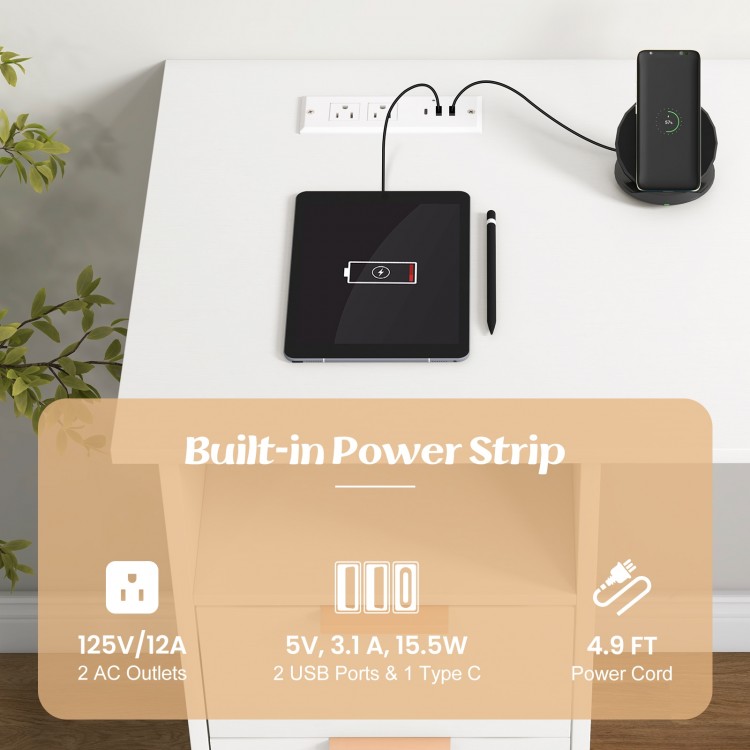 Home office desk with built-in power strip, featuring 2 AC outlets, 2 USB ports, and 1 Type-C port for convenient.