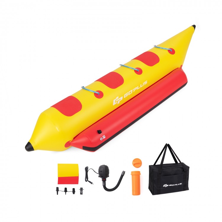 3-person inflatable banana boat in bright red and yellow with electric air pump, carrying bag, and repair kit included.
