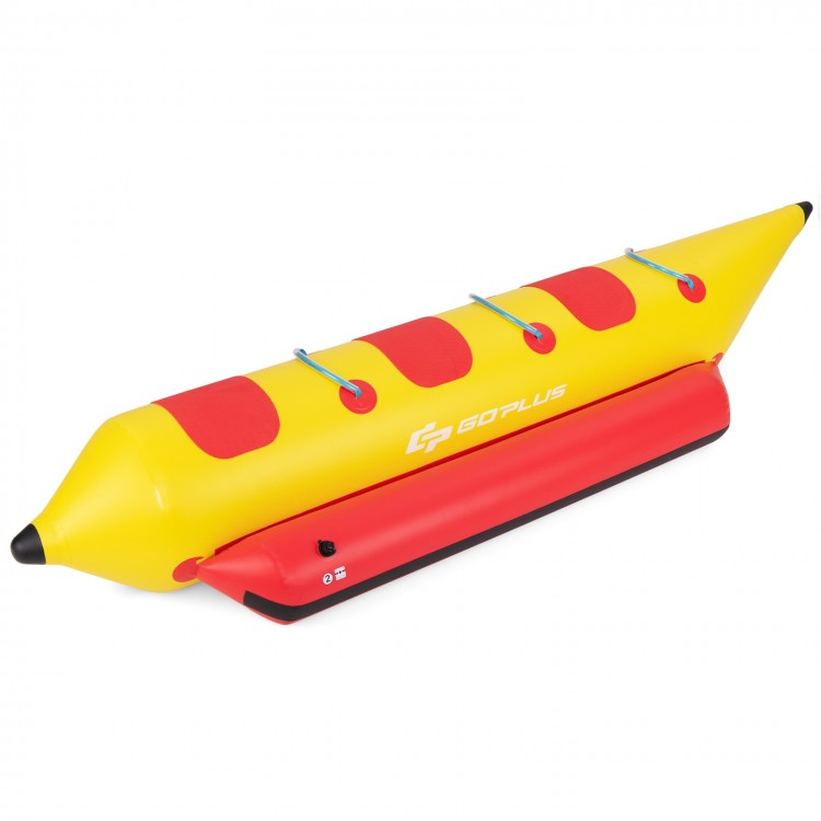 3-person inflatable banana boat in bright red and yellow with electric air pump, featuring durable PVC construction and.