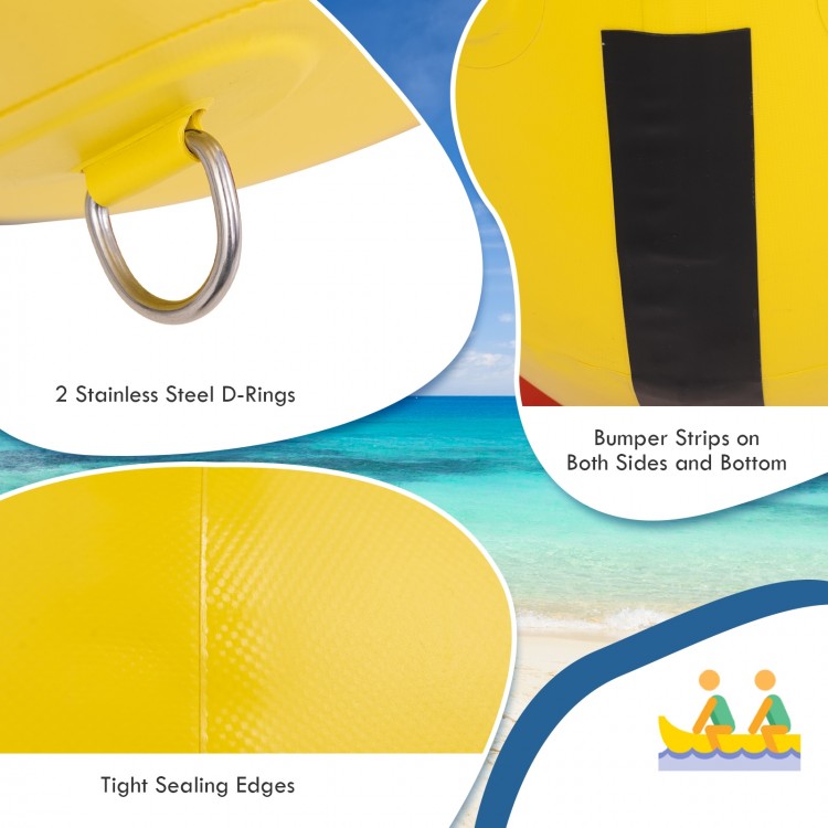 Close-up of the 3-person inflatable banana boat showing stainless steel D-rings and tight sealing edges for durability.