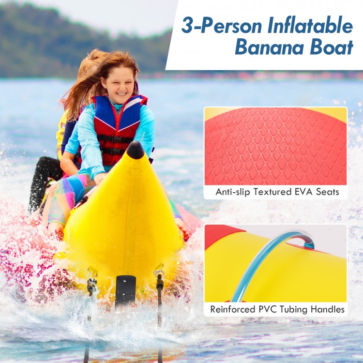 3-person inflatable banana boat with bright red and yellow colors, featuring anti-slip EVA seats and reinforced handles.
