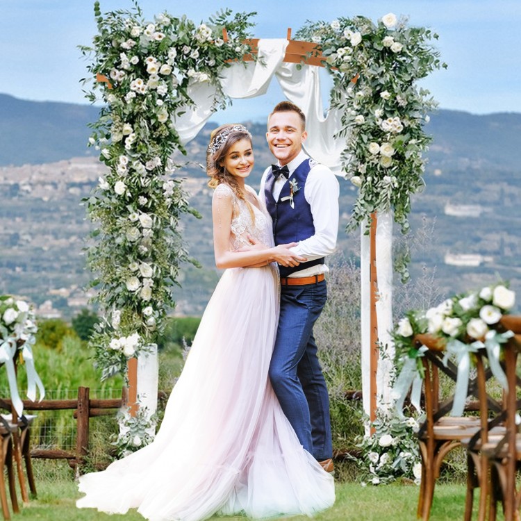 Wooden garden arch trellis for climbing plants, 7.5 ft tall, ideal for weddings or patio entryways, adorned with.