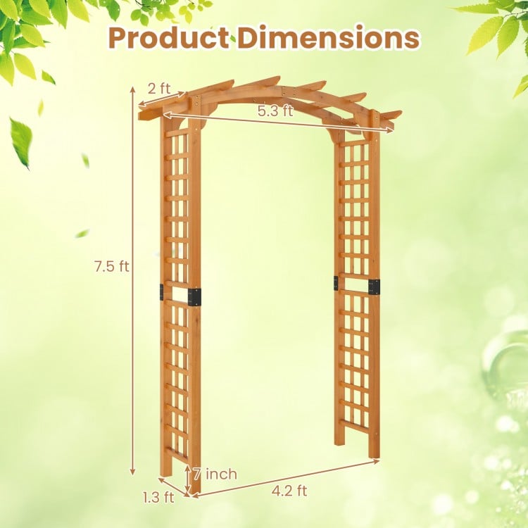 Wooden garden arch trellis measuring 7.5 ft, made of durable fir wood, ideal for climbing plants and outdoor decor.
