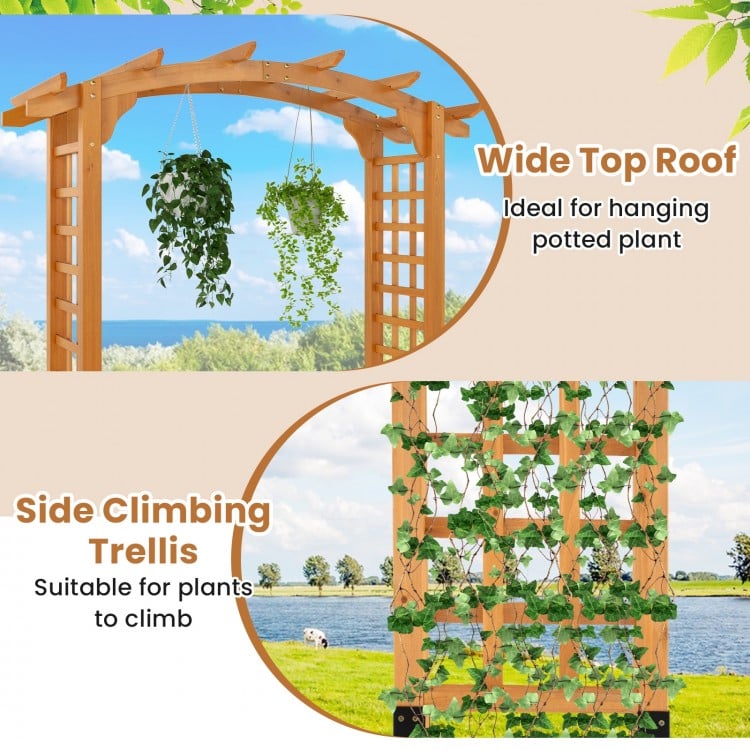 Wooden garden arch trellis with wide top roof for hanging plants and side climbing trellis for robust plant support.