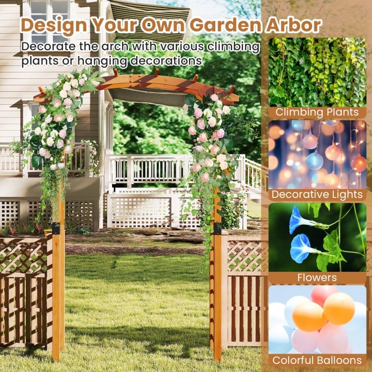 Garden arch wooden arbor made of fir wood, designed for climbing plants and adorned with flowers and lights.