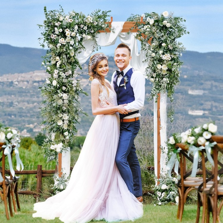 Wooden garden arch trellis for climbing plants, 7 FT, adorned with flowers, ideal for weddings or patio entryways.
