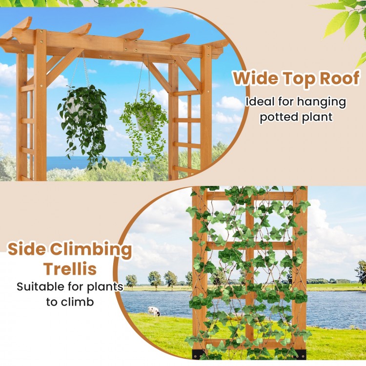 Wooden garden arch trellis with wide top roof for hanging plants and side climbing trellis for garden decoration.