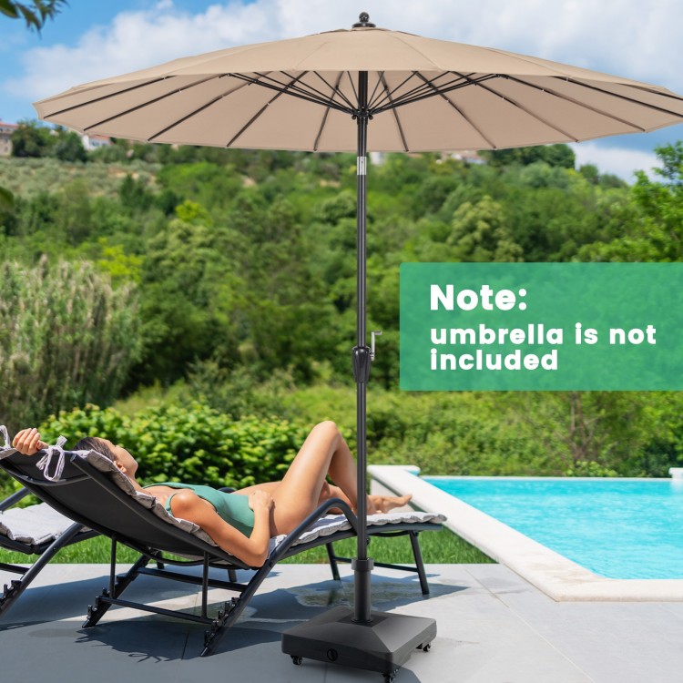 Fillable umbrella base stand with lockable wheels, designed for stability and easy movement, perfect for patio use.